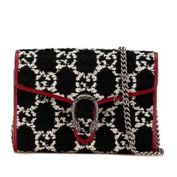 Gucci GG Dionysus Chain Shoulder Wallet 401231 Black Red Tweed Leather Women'...